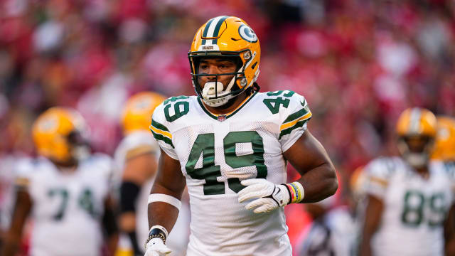 Nov 7, 2021; Kansas City, Missouri, USA; Green Bay Packers tight end Dominique Dafney (49) runs off the field during the first half against the Kansas City Chiefs at GEHA Field at Arrowhead Stadium. Mandatory Credit: Jay Biggerstaff-USA TODAY Sports  